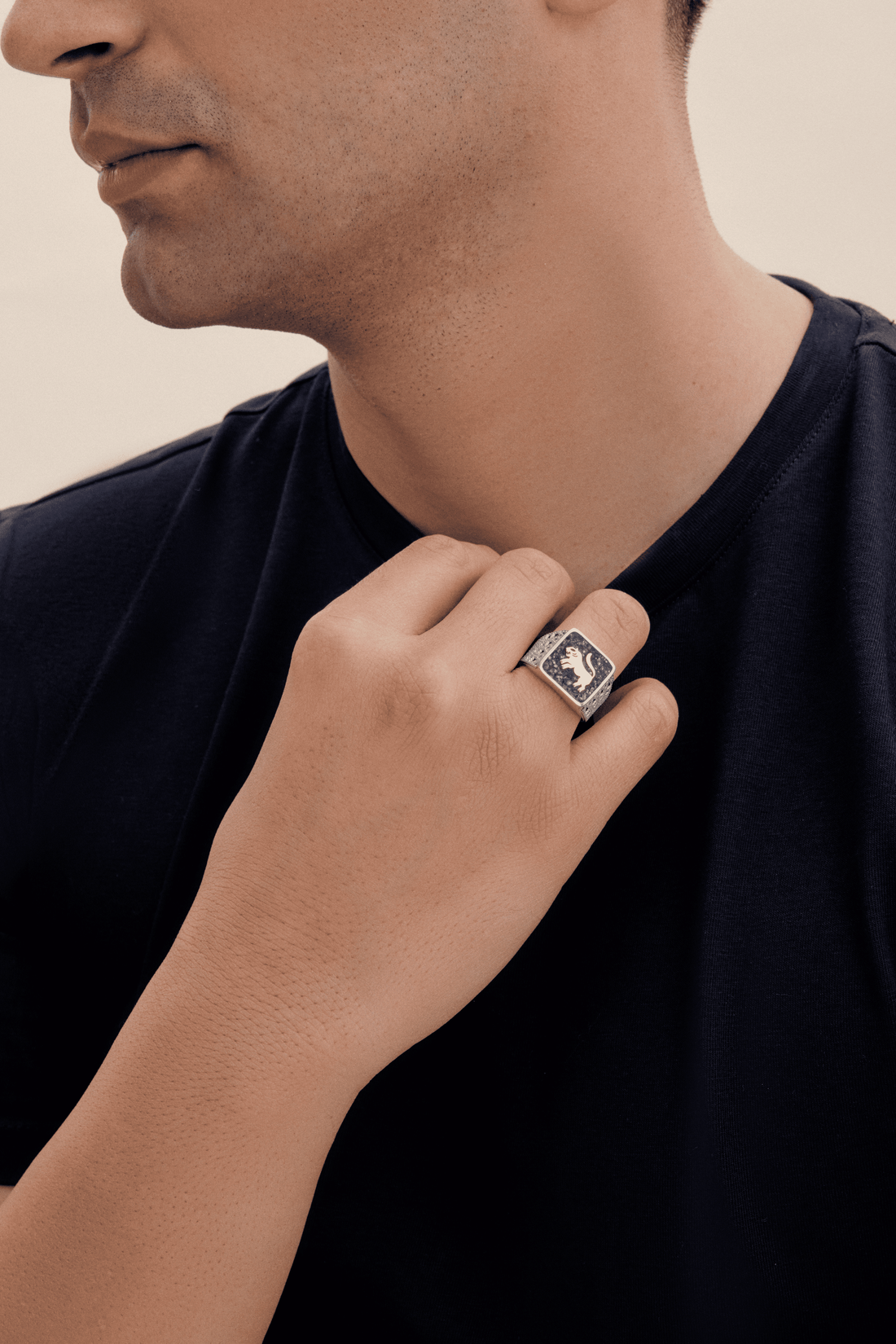 Siyah İnci Aslan Telkari Yüzük Silver Çift Set
