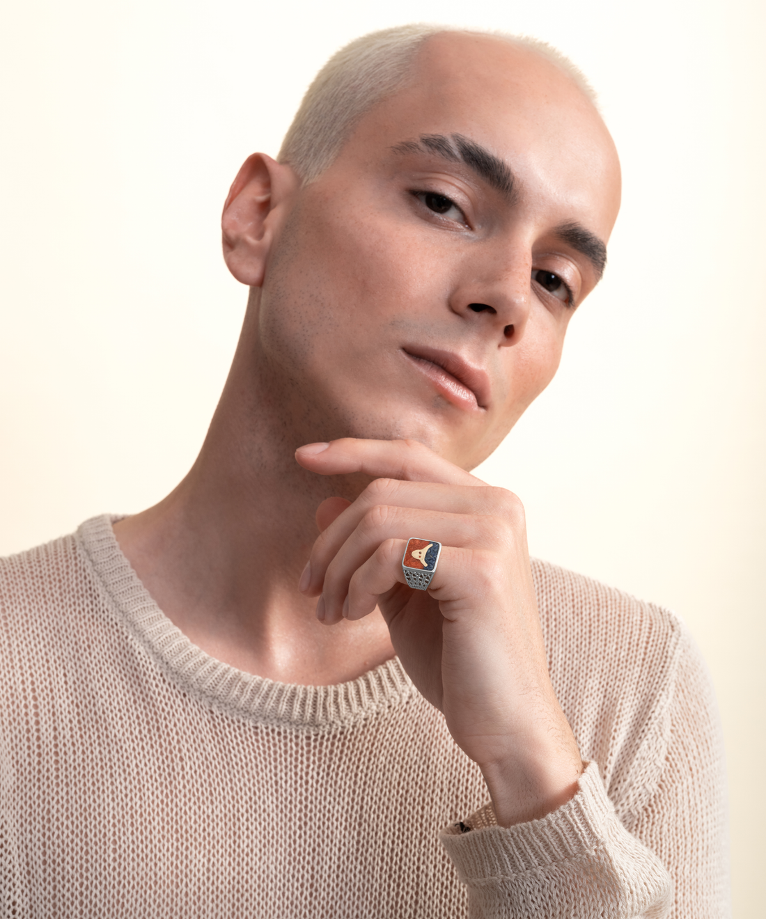 [ERKEK] Lapis&Mercan Boğa Telkari Unisex Yüzük yakın plan görünüm